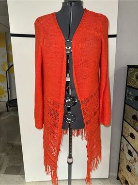 NWOT Chico's Bright Orange Open-Front Fringe Knit Cardigan